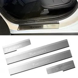 Накладки на пороги для Hyundai Tucson (NX4) 2021- Нержавіюча сталь із загином та Логотипом 4 шт (Premium P-HY35)