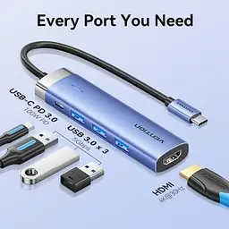 Концентратор Vention USB 3.1 Type-C to HDMI/USB 3.0x3/PD 100W Blue Aluminum Alloy Hub 5-in-1 (TGESB) - мініатюра 4