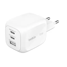 Мережевий зарядний пристрій 2×USB-C + USB-A GaN PD PPS Belkin BoostCharge Pro 70 W White
