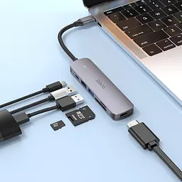 Мульти адаптер хаб Hoco HB28 6в1 Type-C to USB 3.0 F / USB 2.0 F / HDMI F / Type-C F / SD / TF PD 100W 0.135 м сірий - мініатюра 4