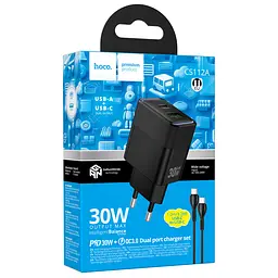 Мережевний зарядний пристрій Hoco CS112A Lounge PD30W+QC3.0 1USB-A/1C + кабель Type-C to Type-C Black - мініатюра 2
