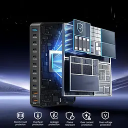 Мережева зарядна станція ILEPO 1000W на 2 USB+8 Type-C мультизарядний пристрій потужний блок живлення Black (19340) - мініатюра 5