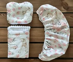 Комплект у дитячу коляску 3в1 непромокальний наматрацник 40×80 см, ортопедична подушка, плед BST Сіро-білий Білий з рожевим