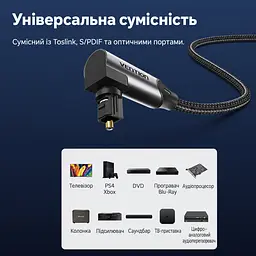 Оптический аудиокабель Vention длина 1,5 м внешний диаметр 4,5 мм Toslink тослинк оптические штекеры S/PDIF на обоих концах несжатый 2-канальный PCM или сжатый многоканальный звук DTS или Dolby 5.1/7.1 при поддержке устройств угловой штекер 90° с поворотом на 360° прямой штекер на другом конце гибкая ПВХ-оболочка с хлопковой оплёткой чёрный (BKDBG) - миниатюра 7