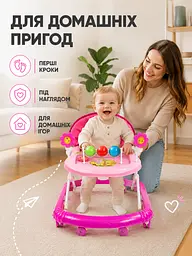 Дитячі ходунки з ігровою панеллю, ручкою та козирком рожеві (49676182) - мініатюра 4