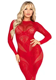 Сукня з довгим рукавом Leg Avenue Lace and Net Bodycon Gown, One Size, червона - мініатюра 1