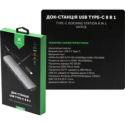 Концентратор Vinga USB-C 3.1 to HDMI+RJ45_1Gbps+3xUSB3.0+SD/TF+PD100W (VHYC8) - мініатюра 7