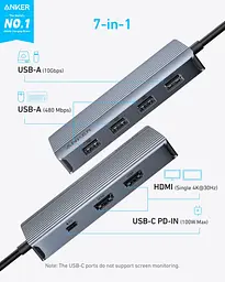 Перехідник Anker USB-C Hub - 7-in-1 - PD in 100W, 2xHDMI, 4xUSB-A Black (7255315) - мініатюра 2