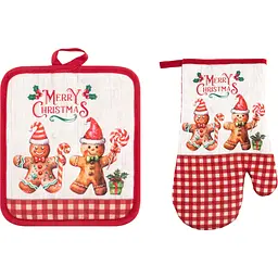 Набір прихваток для кухні Ardesto Christmas Gingerbread 18х20см, 18х30см, 100% поліестер (верх), 100% бавовна (низ), червоний (ART14HG)