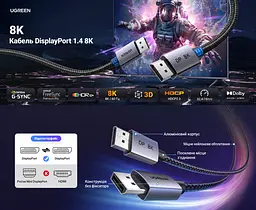 Кабель DisplayPort UGREEN DP120 1.4 8K 60 Гц 5 м чорний (45039) - мініатюра 2