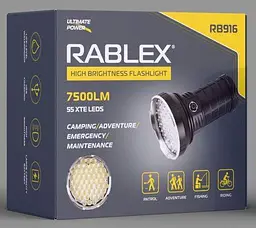 Яскравий акумуляторний ліхтар ручний 55 LED прожектор світловий потік 7500LM Rablex RB-916 - мініатюра 2