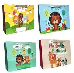 Подарунковий пакет картонний, 200 г/м², HAPPY B-DAY, 26x32x10 см, 6 шт. в упаковці (В асортименті)