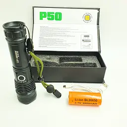 Ліхтар акумуляторний ручний металевий ліхтарик із зумом 26650 battery BL X71 P50 чорний - мініатюра 3