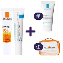 Набір La Roche-Posay: сонцезахисний флюїд захист від UVB і UVA SPF50+ 15 мл + бальзам Cicaplast Baume B5+ для шкіри обличчя та тіла 15 мл + крем-гель Lipikar Syndet АР+ для сухої шкіри 15 мл + косметичка