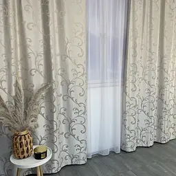 Жакардові штори "вензель" бежевого кольору 2шт. 150х270 з білим шифоновим тюлем 400х270, на тасьмі ALBO pbe0052764 - мініатюра 7