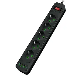 Сетевой фильтр-удлинитель Voltronic F25U, 5 розеток EU + 3xUSB + PD, 2м, 3х0,75мм, 2500W, Black