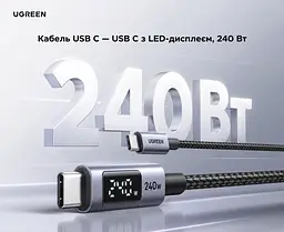 Кабель UGREEN L530 USB-C - USB-C PD 240 Вт з LED-дисплеєм 1 м чорний (65866) - мініатюра 3