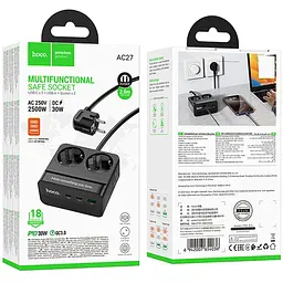 Подовжувач Hoco AC27 Descanso (PD30W/2C/1A/2xSocket) (2m) Black - мініатюра 5
