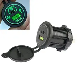 Гніздо під штекер прикурювача врізне з кришкою 1 USB 1 Type-C QC 3.0 PD DC 12-24V 5V Підсвічування Зелена (A93B)