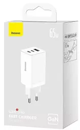 Мережевий зарядний пристрій Baseus GaN5 Pro Fast Charger 2Type-C+USB 65W + Cable Type-C to Type-C CCGP120202 White - мініатюра 6