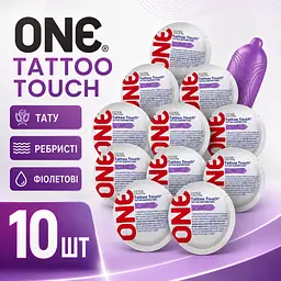 Презервативи ONE Tattoo Touch 10 ШТ, ребристі латексні з рельєфним тату-візерунком, анатомічна форма, фіолетові, змащені