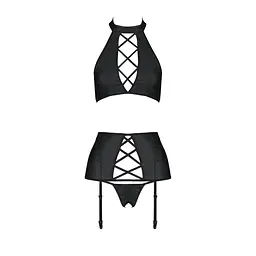 Комплект з еко-шкіри з імітацією шнурівки Passion NANCY SET S/M black топ, трусики, пояс для панчіх - мініатюра 3