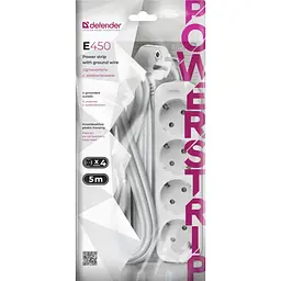 Мережевий подовжувач Power filtr 5.0м Defender E450, білий, 4 розетки, з заземленням - мініатюра 4