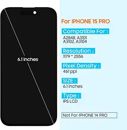 Заміна екрана ARSSLY для iPhone 15 Pro РК-екрана сенсорного екрана в зборі з ремонтними деталями для iPhone A2848, A3101 A3102, A3 - мініатюра 4