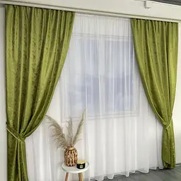 Жакардові штори оливкового кольору 2шт. 150х270 з білим шифоновим тюлем 400х270, на тасьмі ALBO pbe0052675 - мініатюра 2