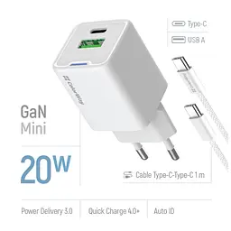 Зарядний пристрій ColorWay C101A GaN Mini 20 Вт PD PPS USB-C + USB-A QC 4.0 + кабель USB-C — USB-C чорний (CW-CHS062PDC-WT) - мініатюра 8
