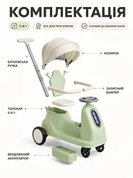 Дитячий електричний толокар 5-в-1 з ручкою, мотором, акумулятором, козирком, музикою та підсвіткою (49676137) - мініатюра 6