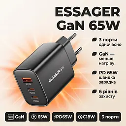 Зарядний пристрій Essager GaN 65W, 2 x USB-C+USB-A (ES-X57), EU, чорний - мініатюра 11