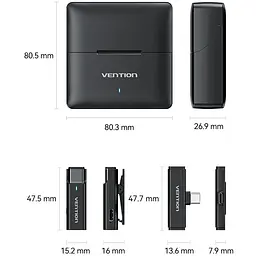 Бездротовий підвійний петличний мікрофон Vention USB-C 2-Pack Wireless Lavalier with Charging Case - мініатюра 3