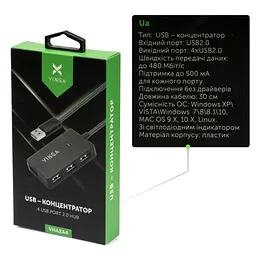 Концентратор Vinga USB2.0 to 4*USB2.0 HUB (VHA2A4) - мініатюра 4