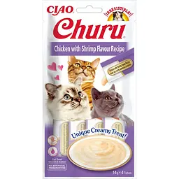 Вологі ласощі для котів INABA Churu вершковий мус в стіках курка та креветка 4 шт по 14 г