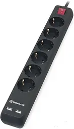 Фільтр мережний REAL-EL RS-6 Protect USB, 6 розеток, 5 м, чорний, 2xUSB (2.1A), 16А, до 3.68 кВт, вимикач, заземлення, 3x1.5