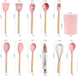 Силіконовий кухонний набір приладдя Kitchen & Dining 12 предметів (дерево+силікон) рожевий - мініатюра 5