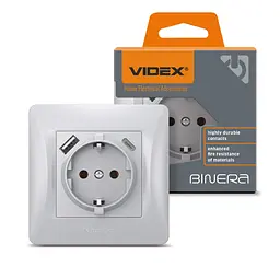 Розетка Videx Binera одинарна із заземленням з USB+USB-C срібний шовк (VF-BNSK1GUC-SS)