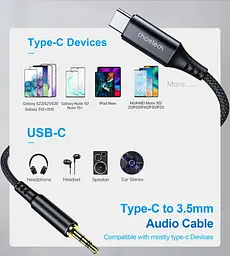 Кабель AUX Type-C - TRS Audio M/M 1.0 м DAC Chip 96kHz, чорний Choetech - мініатюра 2
