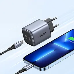 Зарядний пристрій 2xUSB 45W 2xUSB-C Gan PD 25W+20W, CD294 Ugreen Сірий - мініатюра 3