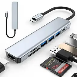 USB-хаб 7в1 Концентратор XoKo RJ45 + HDMI + 2xUSB (Type-C / USB 3.0 / PD / Ethernet) - мініатюра 2