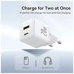 Зарядний пристрій Baseus 1xUSB-C 20 Вт + 1xUSB білий + кабель USB-C — USB-C 60 Вт 1.0 м (P10111608213-01) - мініатюра 8