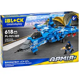 Конструктор військовий літак Су-27 iBlock Армія, модель винищувача ЗСУ з 618 деталей та 2 фігурками військових