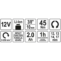 Тріскачка ударна акумуляторна Yato Li-Ion 12 В 3/8" 45 Нм (YT-82902) - мініатюра 6