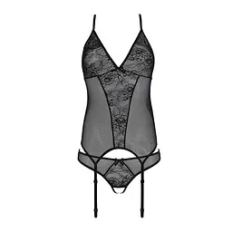 Корсет з пажами трусики з ажурним декором та відкритим кроком Passion Ursula CorSet black L/XL - мініатюра 4