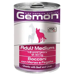 Вологий корм Gemon Dog Adult Medium шматочки з яловичиною та печінкою для собак середніх порід 415 г