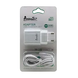 Мережевий зарядний пристрій Avantis A827 (1USB/2,4A) + USB кабель Type-C- білий