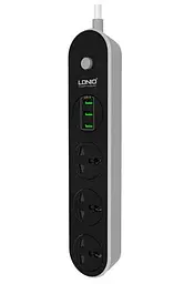 Фільтр мережний LDNIO SC3301, 3 розетки, 1.6 м, чорний, 3xUSB (до 15.5 Вт, Auto ID), 10A, до 2500 Вт, вогнестійкий матеріал, 9