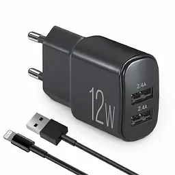 Мережевий зарядний пристрій Brevia ePower 12W 2xUSB-A + кабель USB-A to Lightning 1м чорний 45012DULB