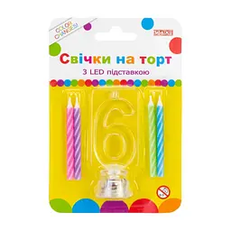 Свічка Maxi 4 шт. на торт з LED підставкою "6", що світиться (MX701007-6)